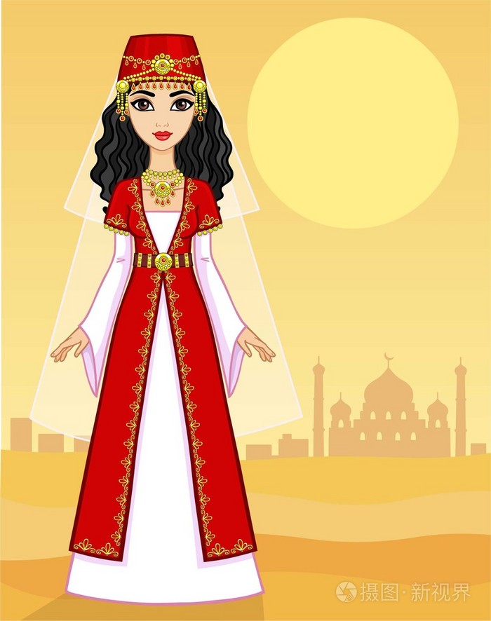 古代的衣服动画东方公主的画像.充分的成长.背景-沙漠