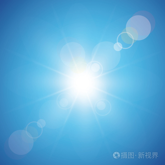 插画 灿烂的阳光,在蓝天的背景下,镜头光晕.eps