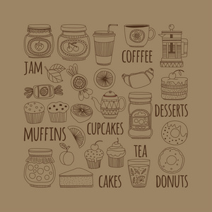 咖啡 茶和食物图标涂鸦风格一套