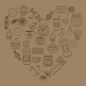 咖啡 茶和食物图标涂鸦风格一套