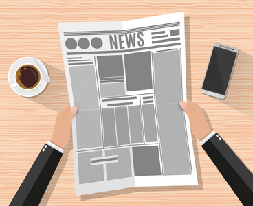 手拿口罩卡通的商人手拿报纸照片