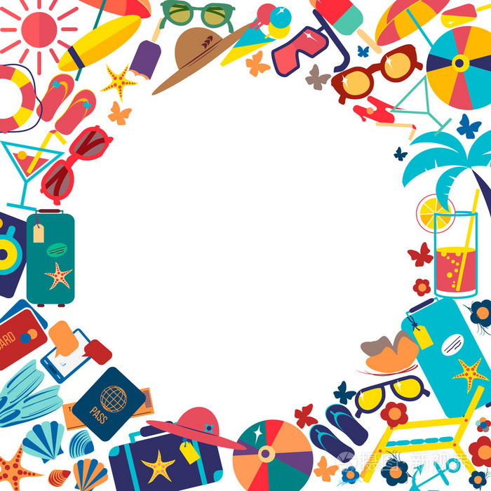 愉快的假期平书法背景.平面设计风格现代矢量图图标集