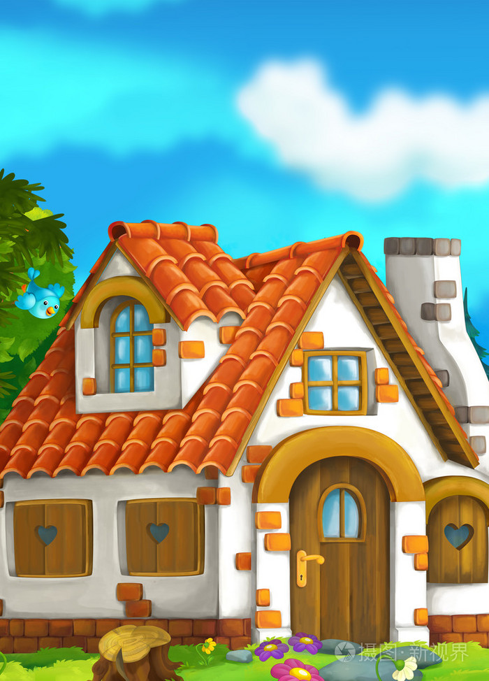 卡通童话场景的老式农场房子