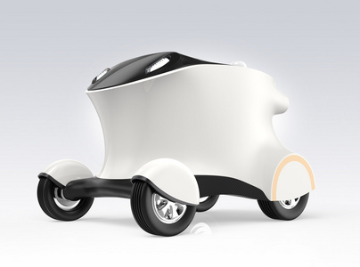 自驾车送货机器人车的概念。机器人可以携带比萨饼，汉堡包没有司机。复制空间中可用的身体