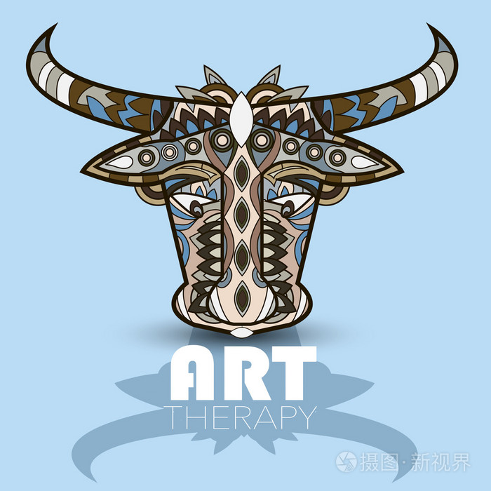 现代艺术疗法海报与多色图腾公牛矢量图像