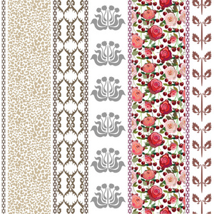 老式的丝绸壁纸与波西米亚风格元素。豹打印 锦缎的边界，玫瑰花纹图案