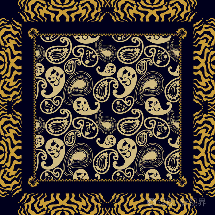 吉普赛人图案,金色的旋涡纹图案,装饰艺术斑马打印框架,黑色背景