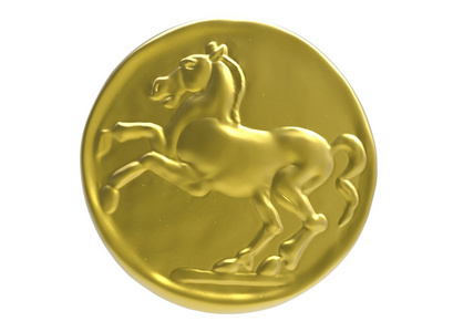 3d 插图硬币与马。图标的硬币。团长马。chockolate 硬币。糖果糖。古代金属金币。罗马帝国的钱