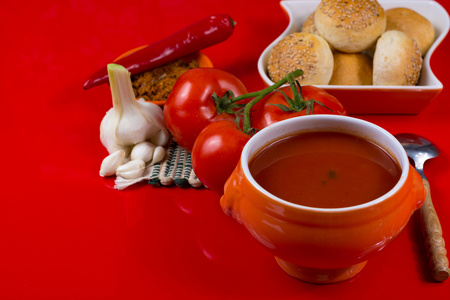 新鲜的五香的番茄汤配大蒜 辣椒和面包
