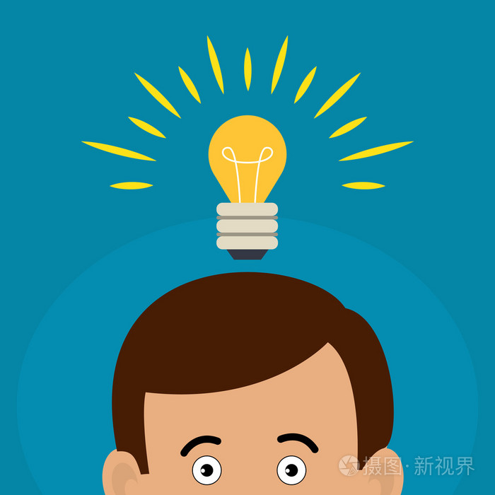那人有一个大的想法在他头上的灯泡想法符号平面设计