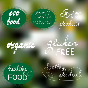 标签与生态食品和面筋免费的设计。手绘字母。您的设计的元素。矢量插图