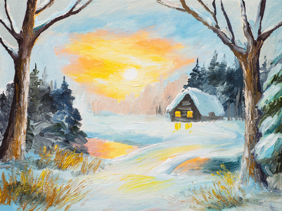 油画冬季景观，冻结在森林中，彩色水彩河