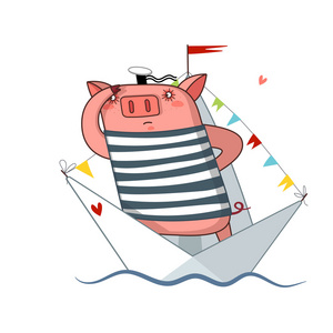 可爱的小猪的水手。矢量图和绘图