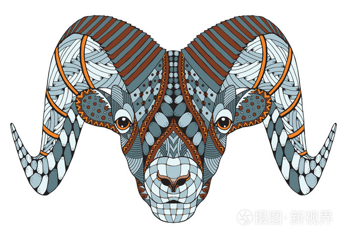 男性的落基山脉大角羊公羊站 zentangle 程式化, 矢量插画, 手绘铅笔