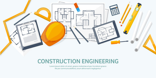 矢量图。工程和建筑。绘图 施工。建筑项目。设计素描。工作区的工具。规划 建筑