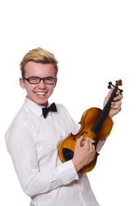 年轻的滑稽小提琴手上白色孤立
