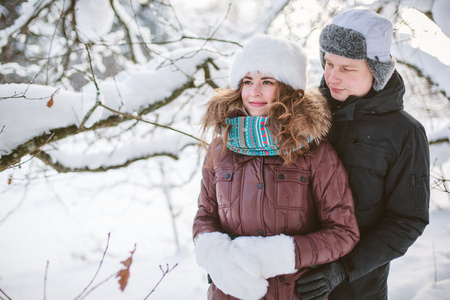 冬天的爱情故事，爱的情侣在冬季公园