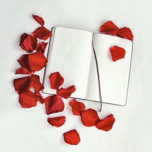 记事本和红色的玫瑰花瓣。模拟调子