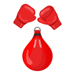 拳击手套和孤立的白色背景上的沙袋红色图标。体育设备图组