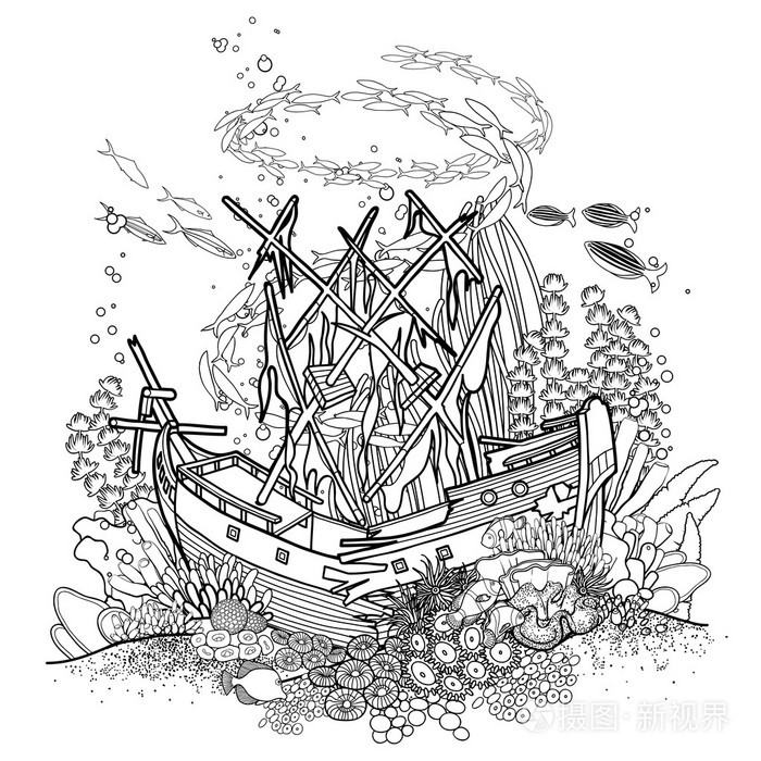 古代沉船和珊瑚礁插画