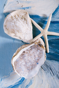 在蓝色的海贝壳牡蛎海盐