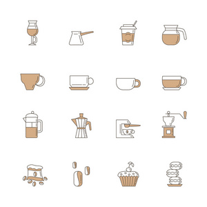 一套16咖啡线性棕色图标包括咖啡c