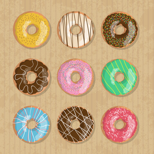卡布上的九个明亮的美味矢量甜甜圈插图