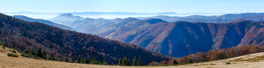 在喀尔巴阡秋天的雾。山全景