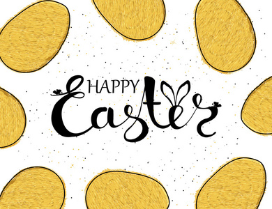 手工背景黄色鸡蛋，祝复活节快乐。