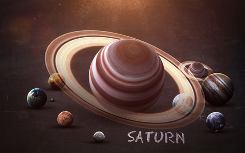 土星高分辨率的图像提出了太阳系的行星在黑板上。这个由美国国家航空航天局提供的图像元素