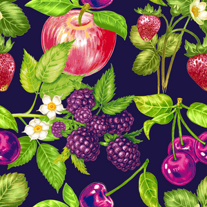 矢量无缝花卉图案与水果和浆果。