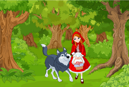 红帽卡通大灰狼与空白符号小红帽童话剧场景与狼和猎人由业余剧院与其