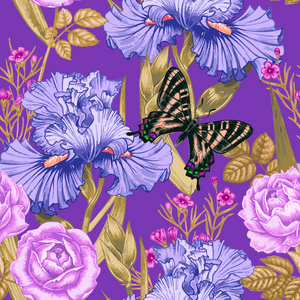 花卉和蝴蝶的无缝矢量图案。
