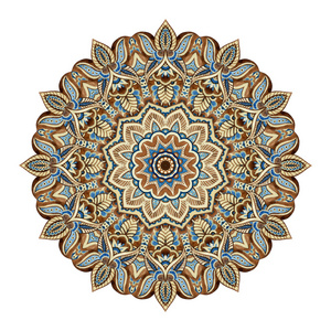 在印度风格的水彩曼荼罗.白色背景上孤立的传统花边照片