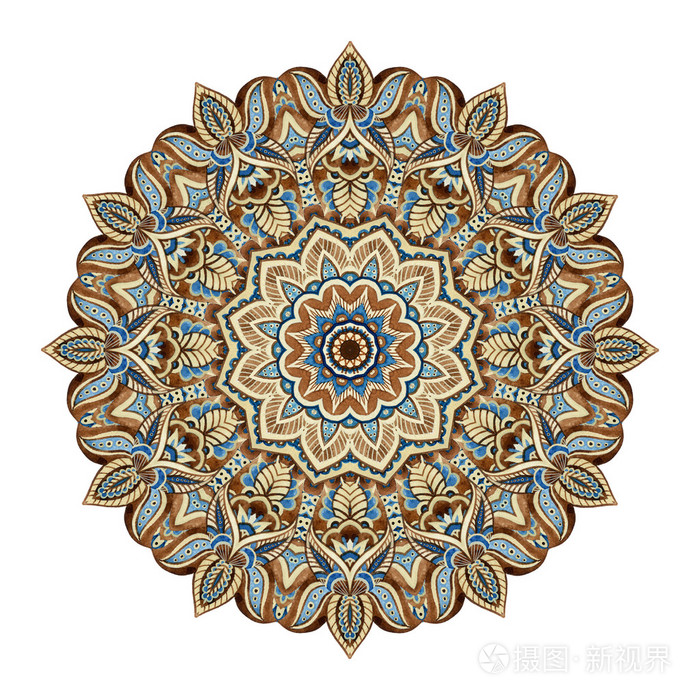 在印度风格的水彩曼荼罗.白色背景上孤立的传统花边