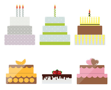 生日蛋糕平面图标设置为您的设计，矢量图