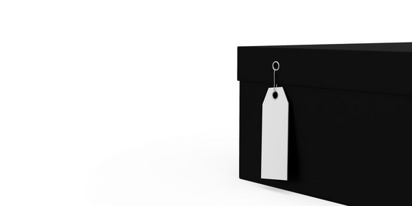 黑色礼品盒与孤立的白色背景上的价格标签空白。3d 渲染 3d 图