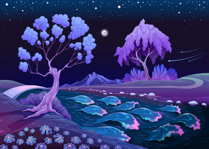 星光体景观树木和河流在夜里