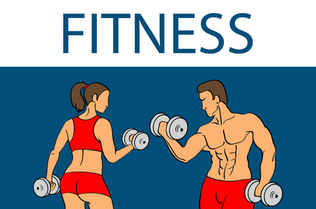 健身与肌肉的男人和女人的剪影.男子和妇女持有哑铃.矢量插图照片