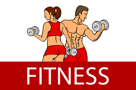健身与肌肉的男人和女人的剪影。男子和妇女持有哑铃。矢量插图