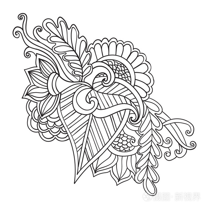 手绘制艺术民族装饰图案花卉中的帧涂鸦风格,成人着色页