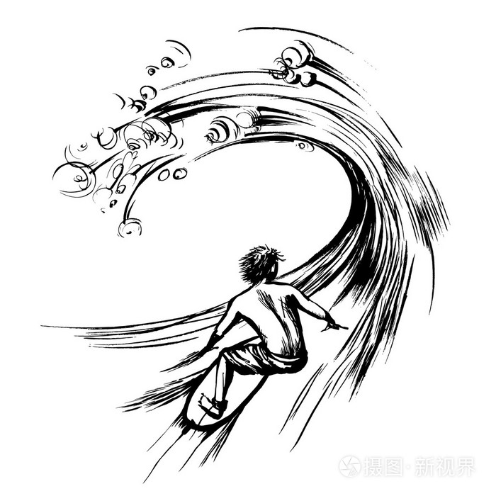 冲浪者在波刷油墨素描一手拉孔版印刷插画-正版商用图片1nb4a6-摄图新