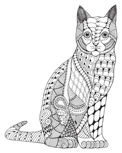 猫咪 zentangle 程式化 矢量 插画 模式 铅笔手绘，手绘。禅宗艺术。华丽。花边