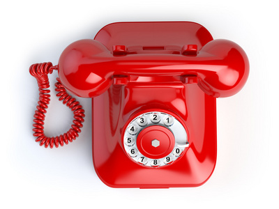 红色的老式电话上白色孤立。顶视图的电话