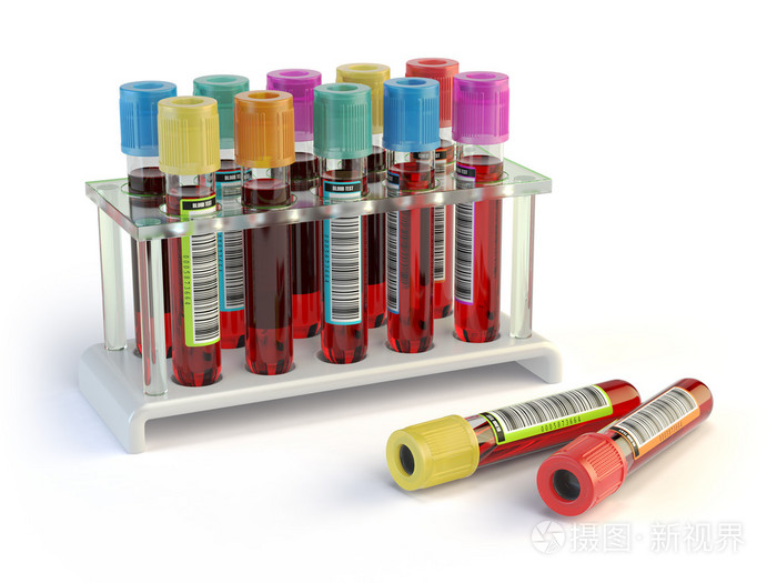 在一个机架上白色孤立的血液样本.3d