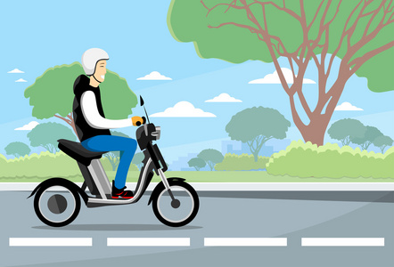 人骑脚踏车电动滑板车，摩托车戴 Hemlet 自然背景