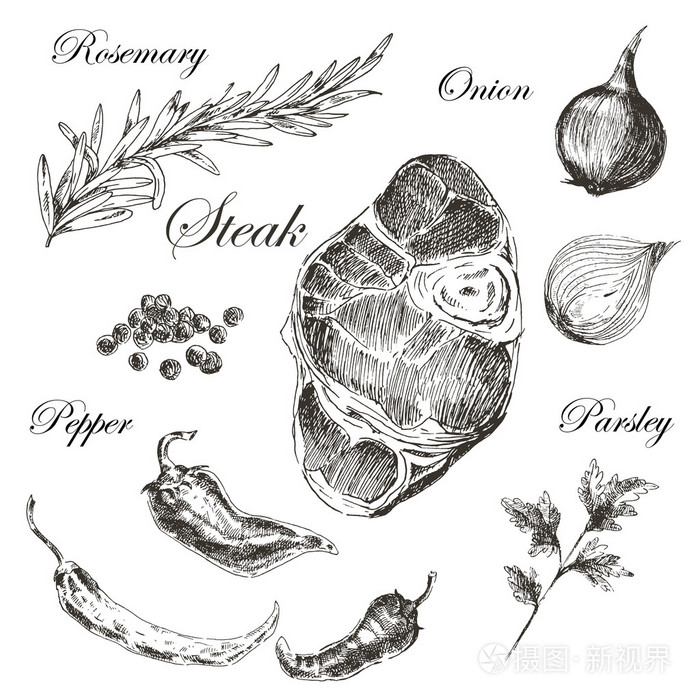 矢量肉牛排素描绘图设计师模板.企业形象的食品手绘背景