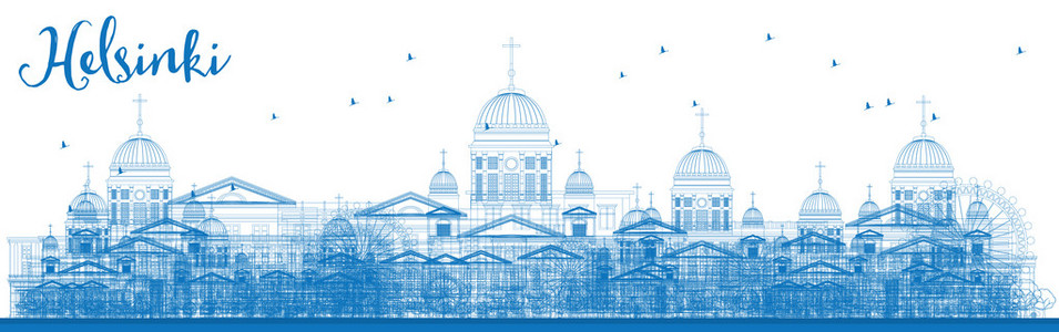 用蓝色建筑勾勒出赫尔辛基天际线。