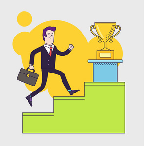 商人与成功的走上楼梯的手提箱要杯的获胜者.平面样式矢量图照片