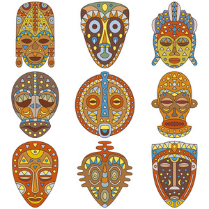 非洲图标集动物嘉年华面具矢量集节日装饰化装舞会服装可爱卡通头饰